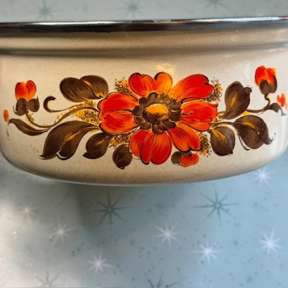 Vintage 1970s Moneta #18 Enamel Saucepan Pot Orange &‎ Brown Floral Boho Italy
